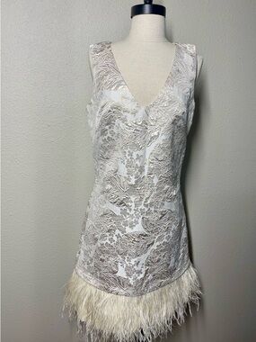 Nicole Miller Ivory Embroidered Cocktail Dress with Gold Trim
